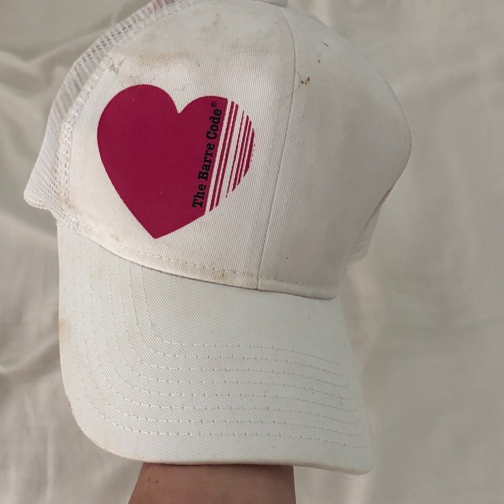 The Barre Code White hat with Pink Heart Logo